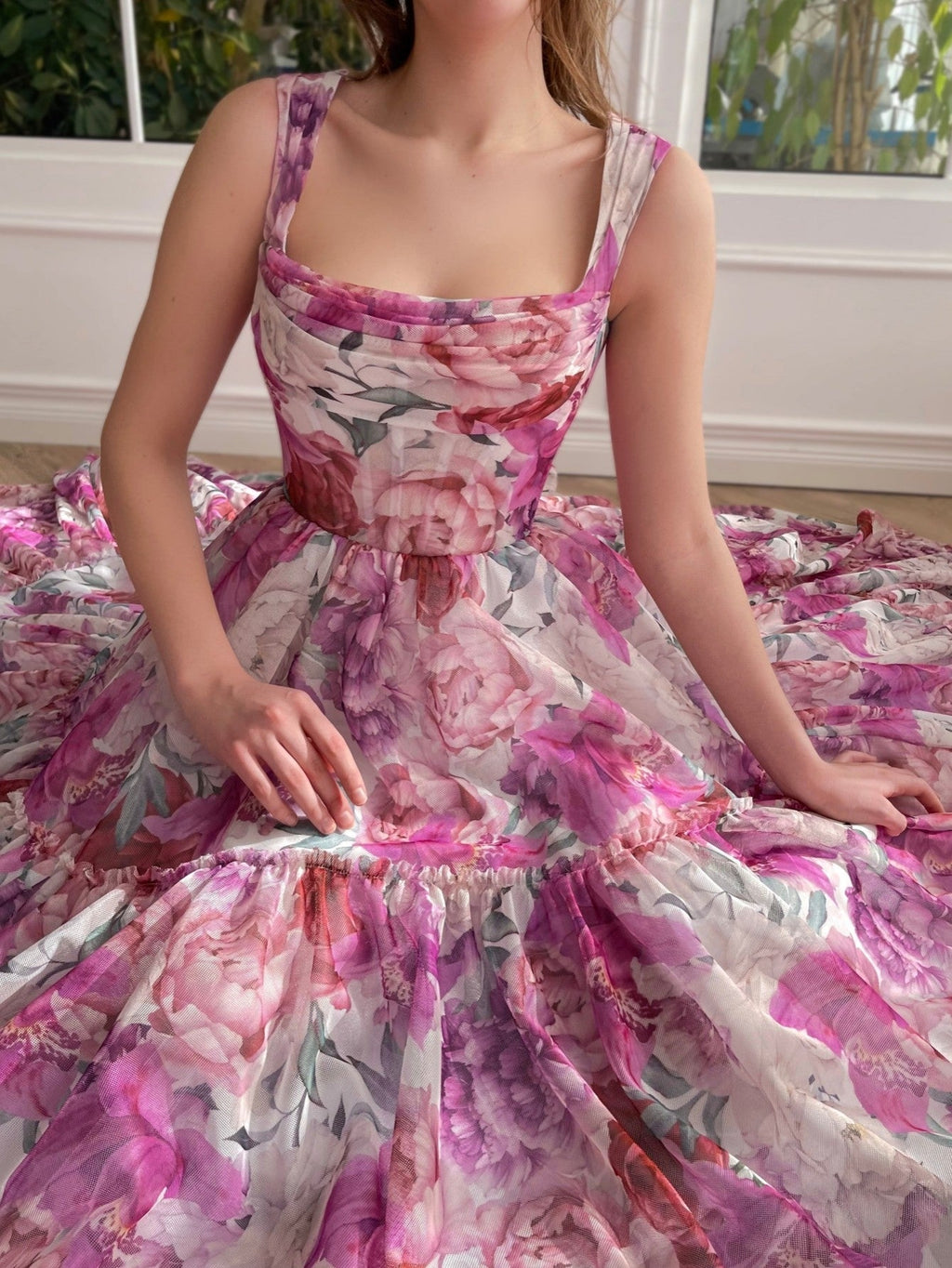 Vestido de fiesta largo rosa con estampado floral de corte A 