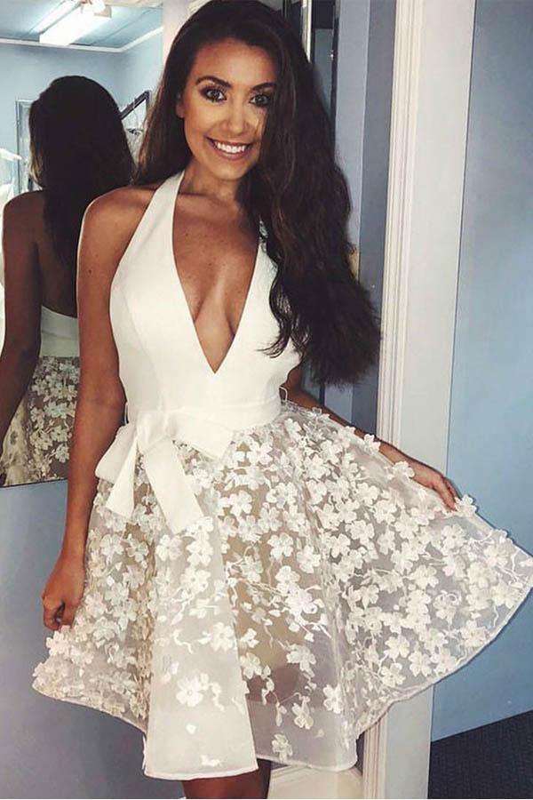 Lace Applique Halter Backless Homecoming Dresses Graduation Dress
