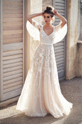 Vestidos de Novia Playeros con Cuello V y Aplicaciones de Encaje