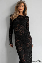 Jacquard Sheer Lace Long Sleeve Mermaid Maxi Dress