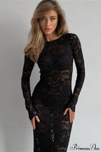 Jacquard Sheer Lace Long Sleeve Mermaid Maxi Dress