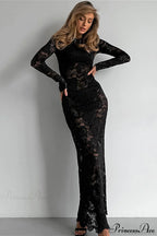 Jacquard Sheer Lace Long Sleeve Mermaid Maxi Dress