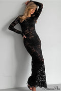 Jacquard Sheer Lace Long Sleeve Mermaid Maxi Dress