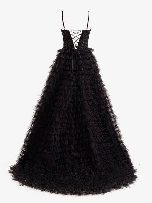 A-Line Tiered Sequins Tulle Long Prom Dress