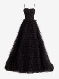 A-Line Tiered Sequins Tulle Long Prom Dress