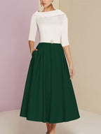 Vestidos de madre de la novia de corte A/princesa, escote joya, media manga, largo hasta la rodilla, con bolsillos y pliegues 