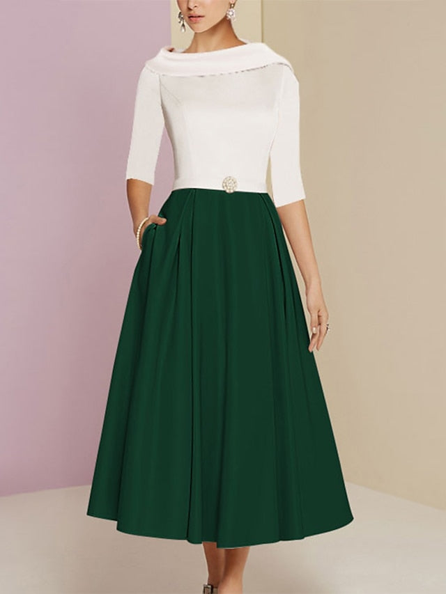 Vestidos de madre de la novia de corte A/princesa, escote joya, media manga, largo hasta la rodilla, con bolsillos y pliegues 
