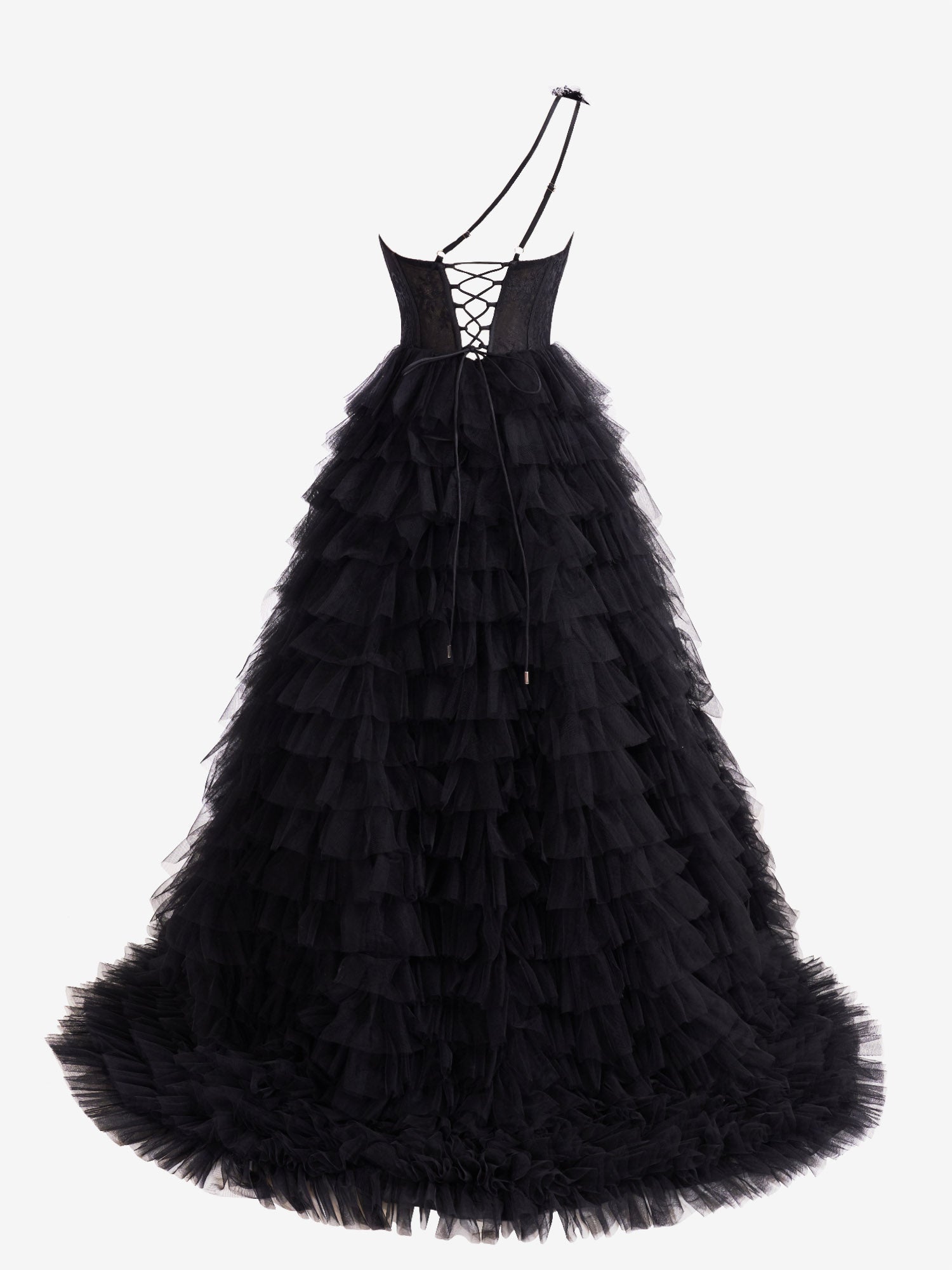Vestido de fiesta largo escalonado con un solo hombro y corte A