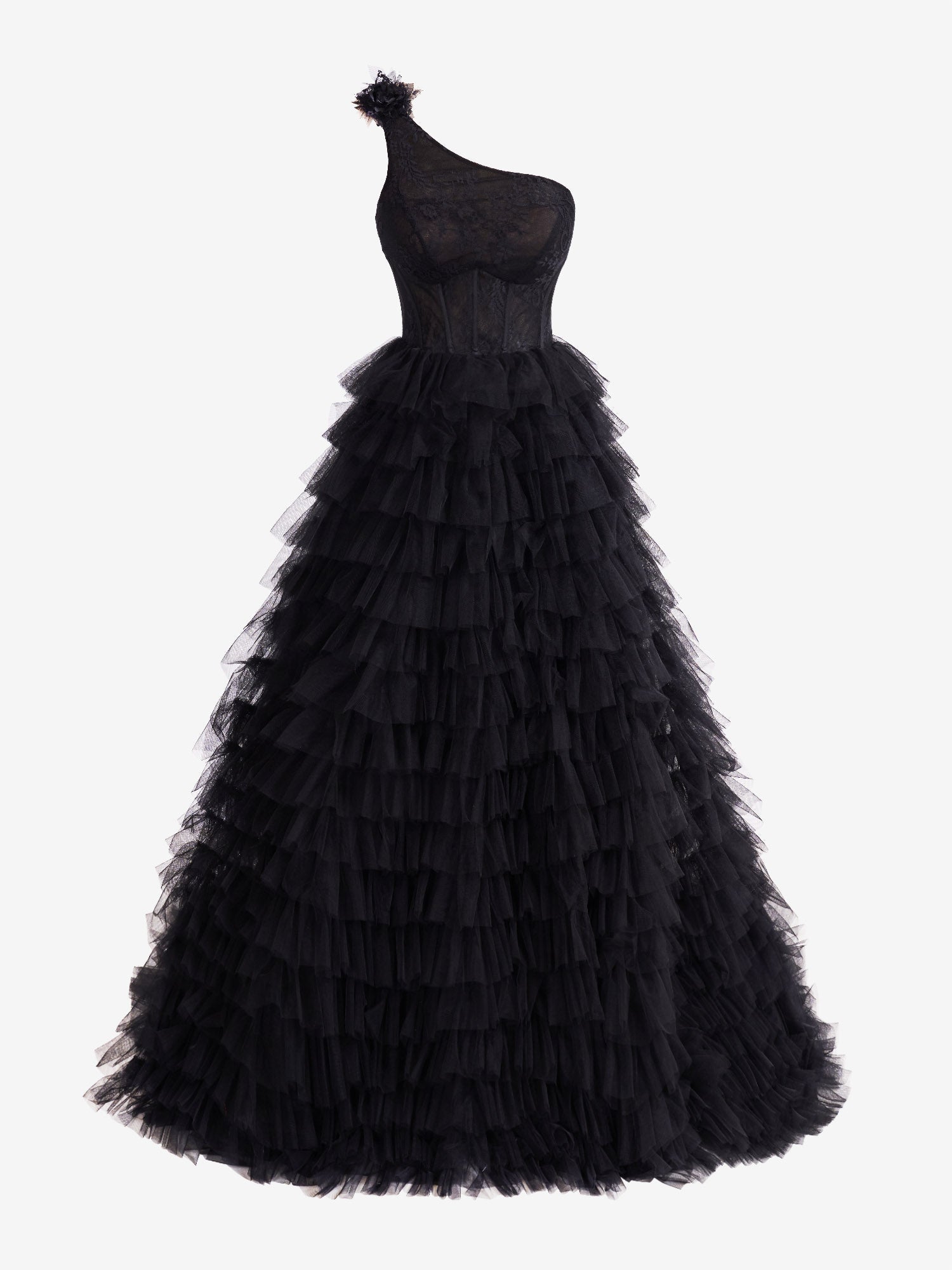Vestido de fiesta largo escalonado con un solo hombro y corte A
