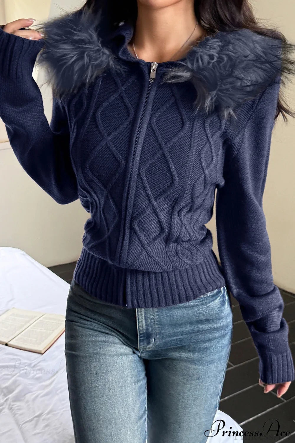 Knitted Fleece Collar Waist-Cinched Zip Hoodie