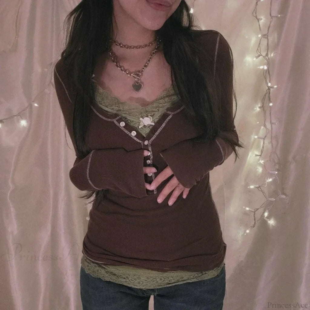 Korean Retro Ribbed Knit T-shirt Button Up Long Sleeve Sweater Women