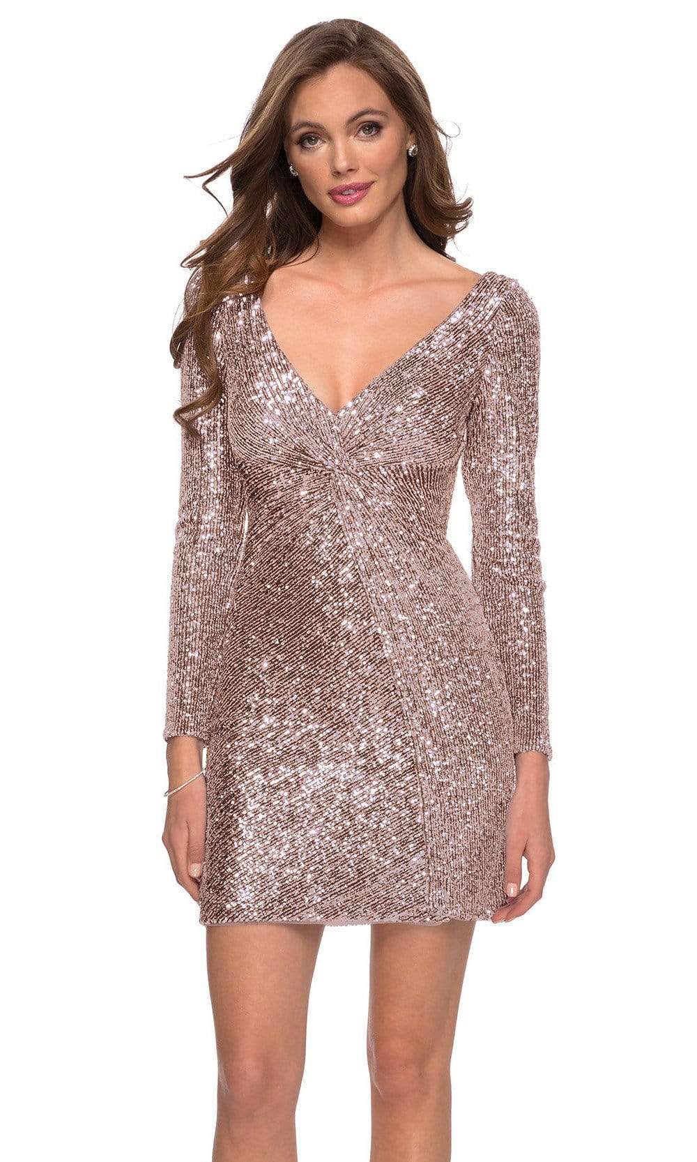 Vestido de cóctel con lentejuelas, manga larga y escote en V pronunciado
