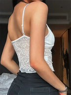 Lace Deep V-neck Solid See-through Crop Top