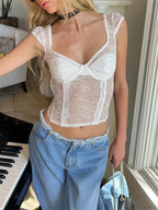 Lace Mesh Sheer Sleeveless V-neck Crop Top