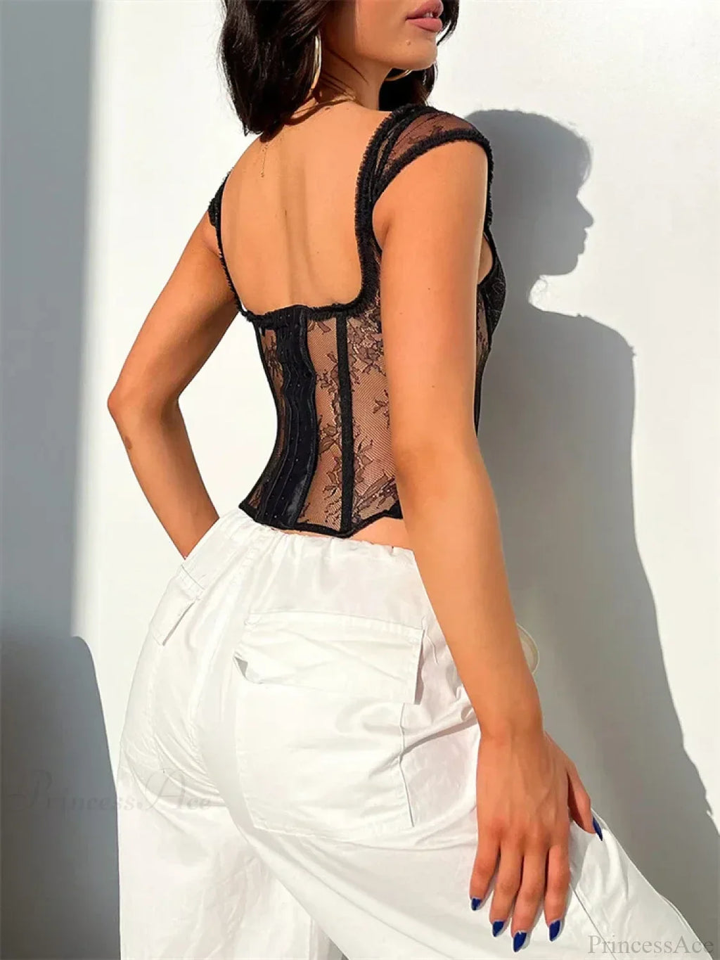 Lace Mesh Sheer Sleeveless V-neck Crop Top
