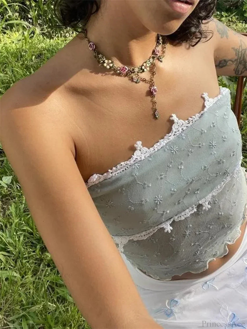 Lace Mesh Y2K Strapless See-through Tube Crop Top