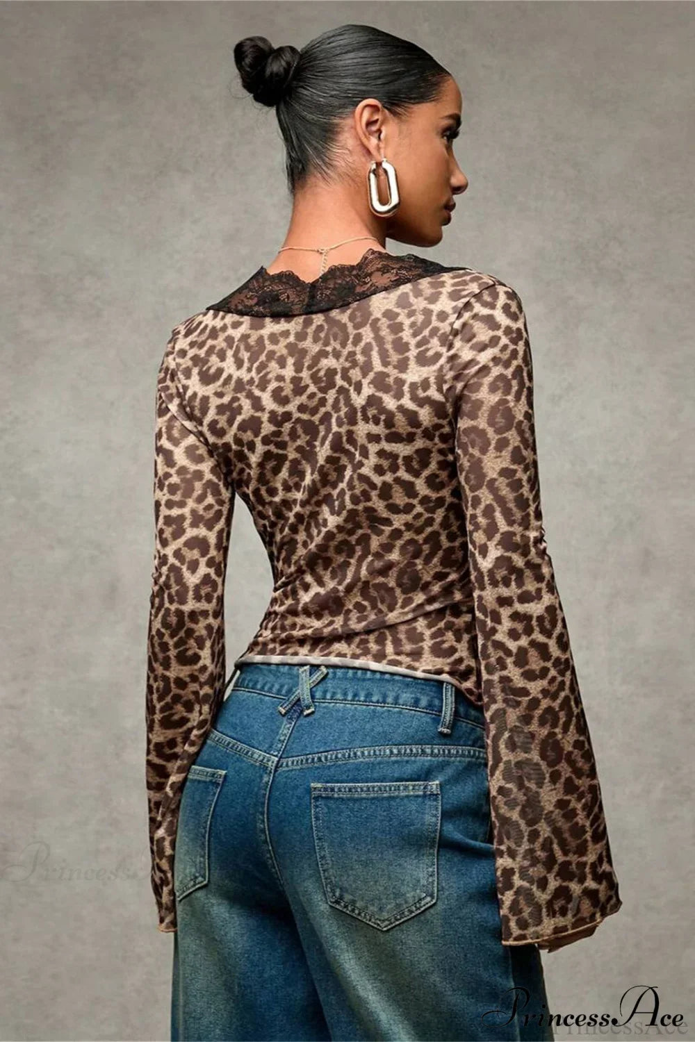 Lace Panel Leopard Slim Flared Sleeve Long Sleeve Tee