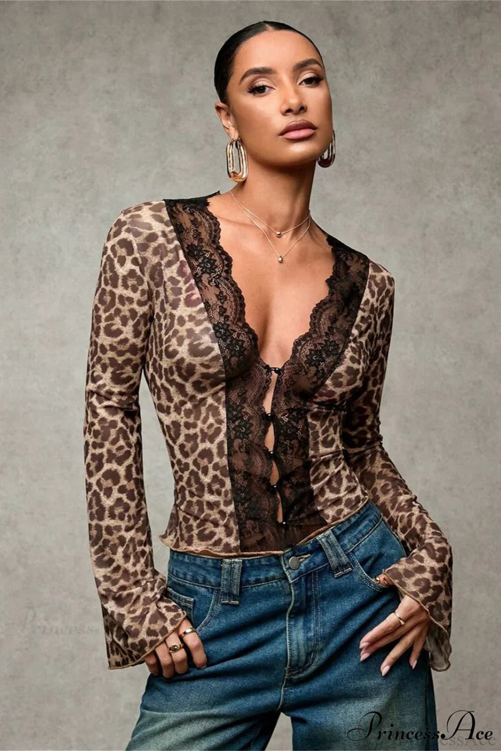 Lace Panel Leopard Slim Flared Sleeve Long Sleeve Tee