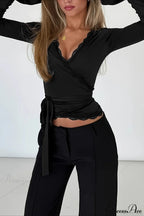 Lace Paneled V-Neck Tie-Waist Long-Sleeve Slim Knit Top