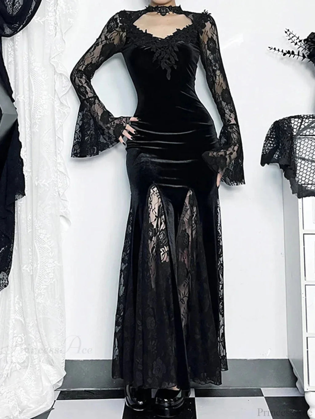 Lace Patchwork Flare Sleeve Maxi Dress