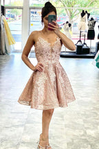 Lace Short Prom Dress Homecoming Dress with Criss Cross Back