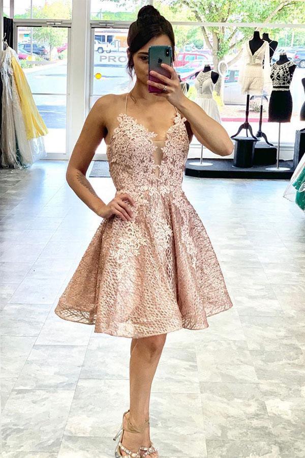 Lace Short Prom Dress Homecoming Dress with Criss Cross Back