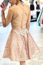 Lace Short Prom Dress Homecoming Dress with Criss Cross Back