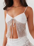 Lace Spaghetti Strap Split See-through Crop Top