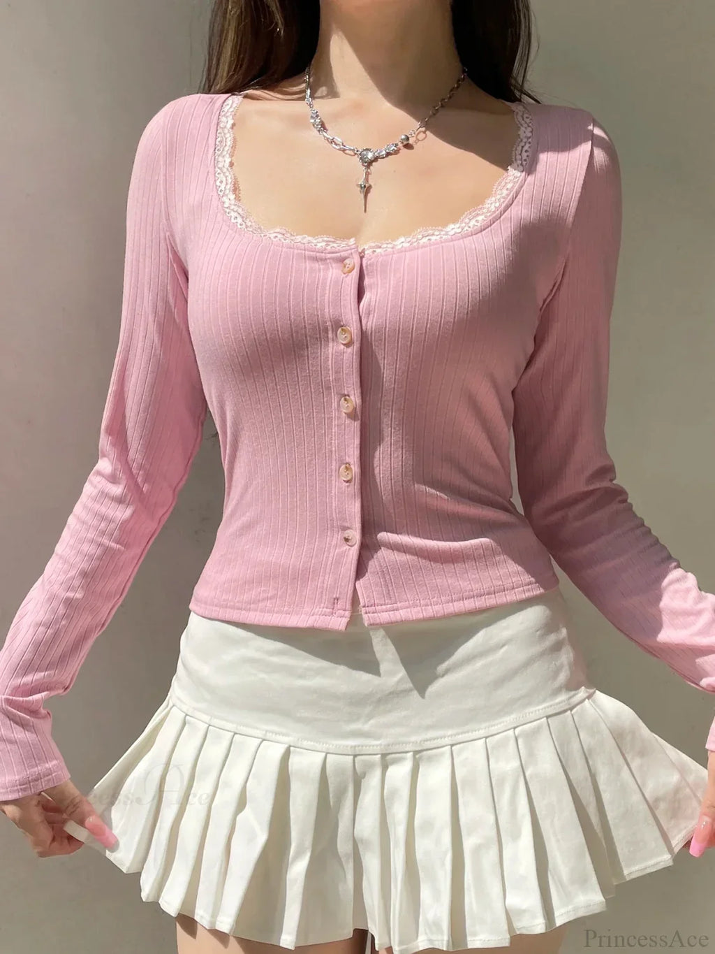 Lace Trim Cropped Slim Square Collar Long Sleeve Knit Top