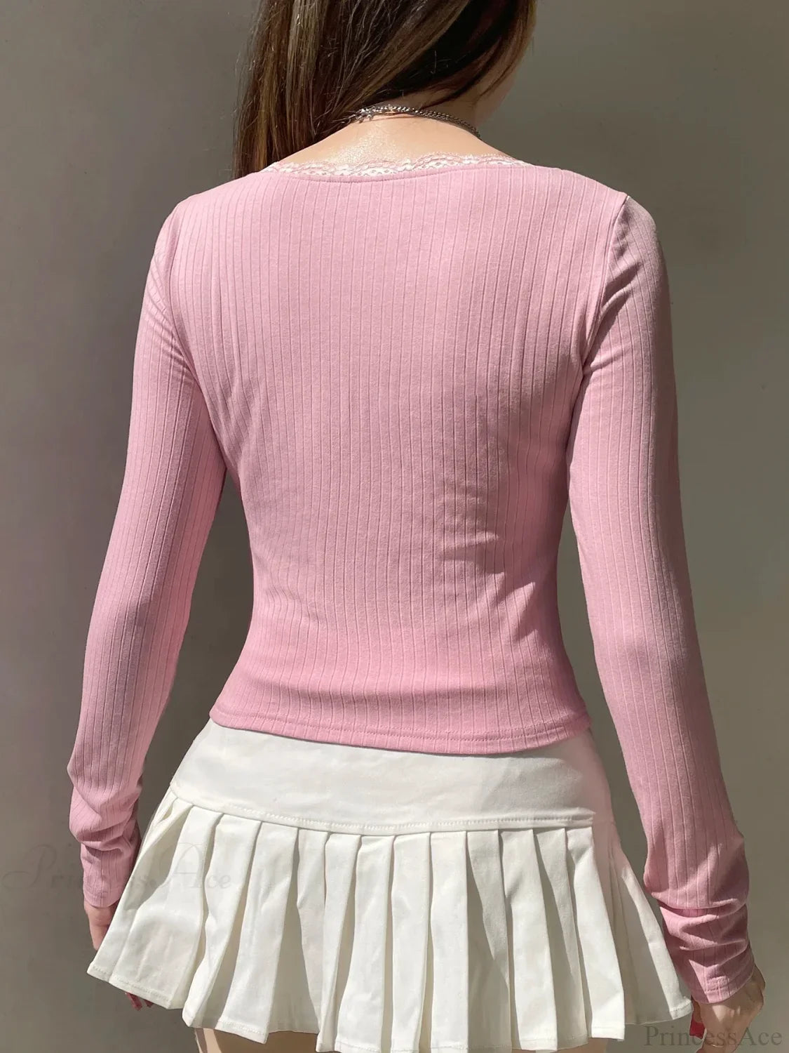 Lace Trim Cropped Slim Square Collar Long Sleeve Knit Top