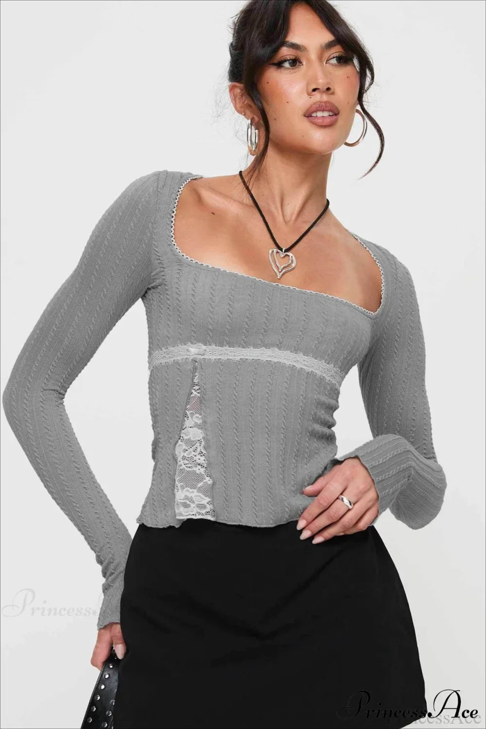 Lace Trim Fitted Cropped Long-Sleeve Knit Top