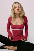 Lace Trim Fitted Cropped Long-Sleeve Knit Top