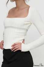Lace Trim Fitted Cropped Long-Sleeve Knit Top