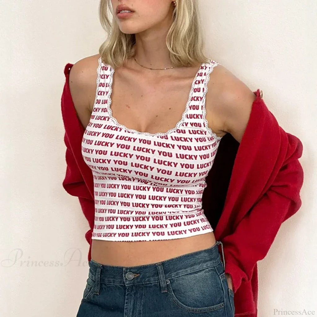 Lace Trim Slim Fit Y2K Summer Floral Sleeveless Casual Basic Crop Top