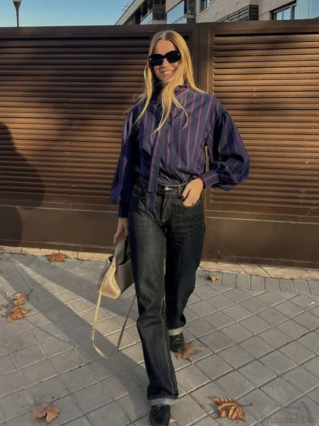 Lace Up Collision Striped Round Neck Blouse
