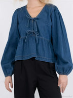 Lace-Up Denim V-neck Blouse