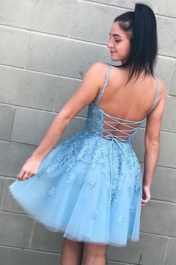 Lace-Up Short Homecoming Dress with Lace Appliques