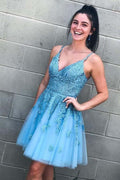 Lace-Up Short Homecoming Dress with Lace Appliques