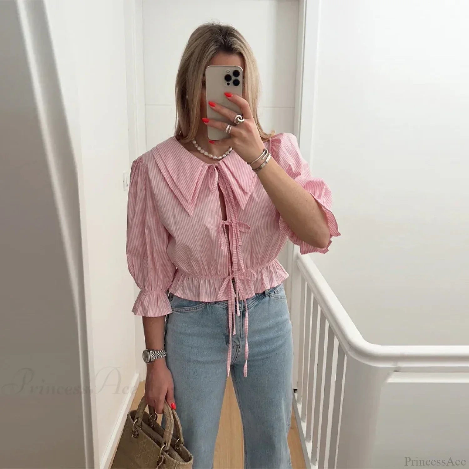 Lace-Up Tie-Up Puff Sleeve Midi Blouse