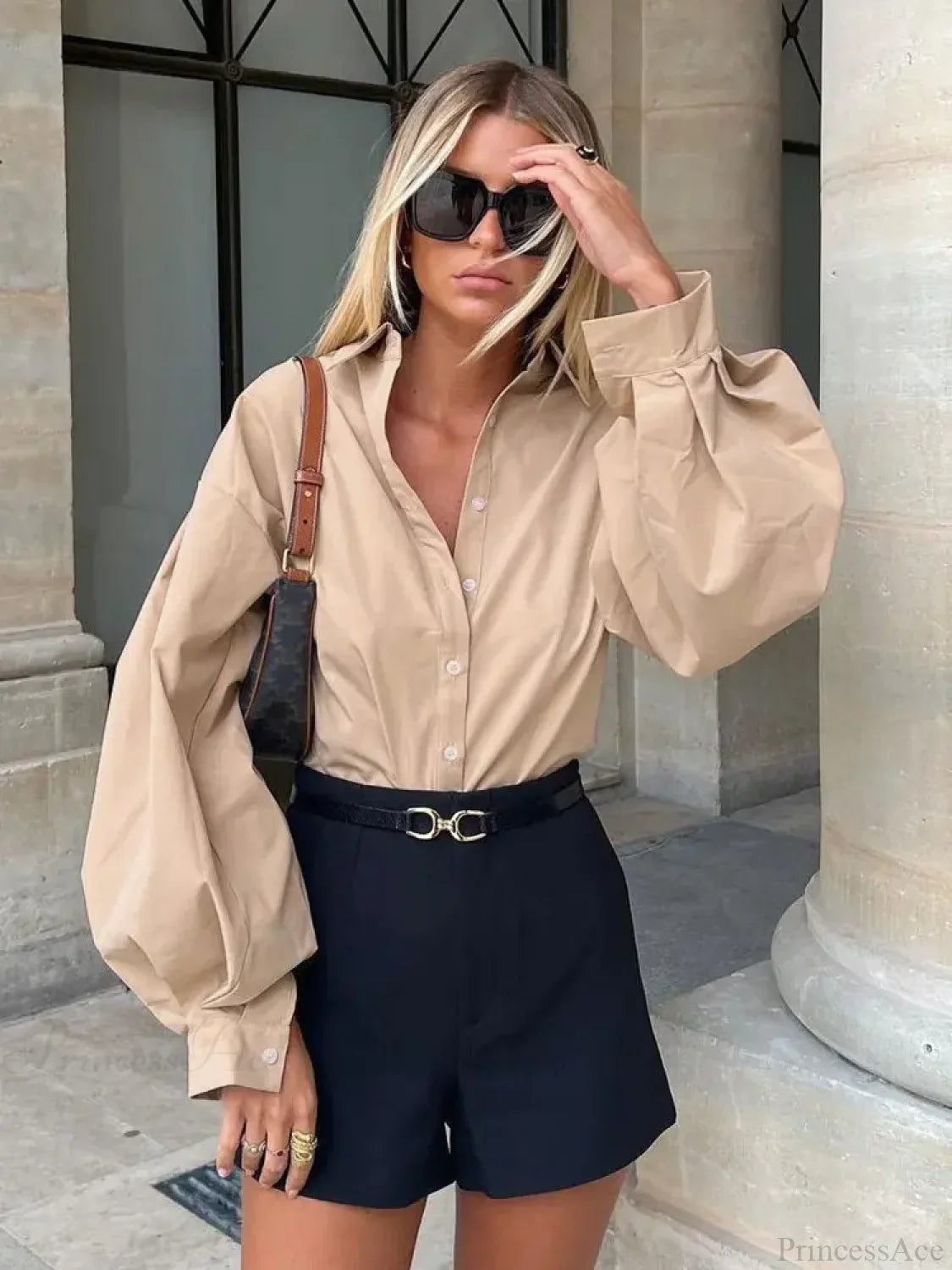 Lantern Sleeve Button Collar Blouse