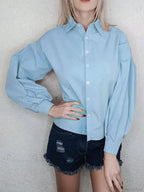 Lantern Sleeve Button Collar Blouse