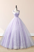 Lavender Tulle Straps Floor Length Evening Dress, Lavender A-Line Prom Dress