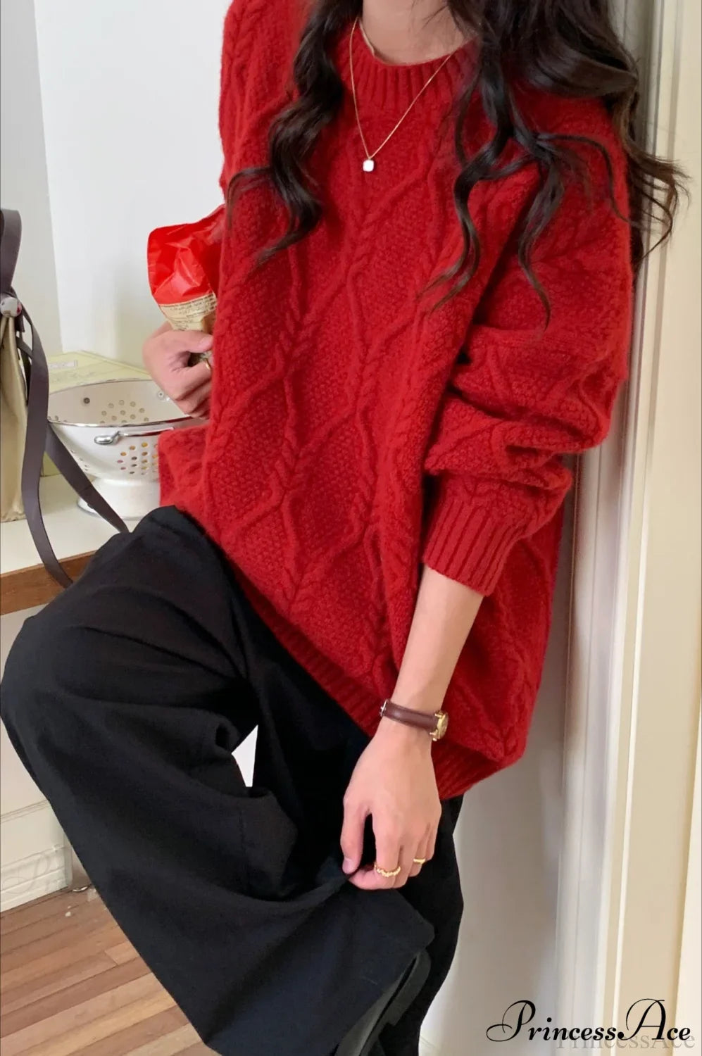 Lazy Style Candy-Colored Cable-Knit Sweater