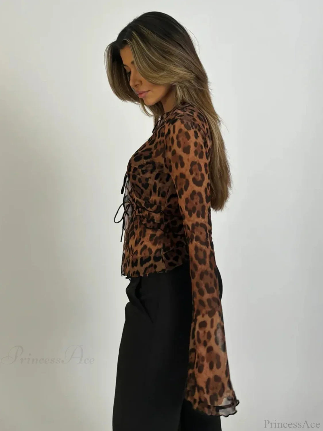 Leopard Mesh See-Through Tie-Front Blouse