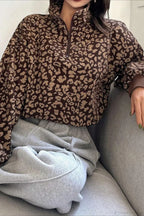 Leopard Print Half-Zip V-Neck Long Sleeve Sweatshirt