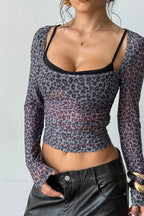 Leopard Print Mock Two-Piece Fitted Long Sleeve Tee