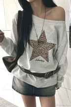 Leopard Print Star Slant Neck Off Shoulder Sweatshirt