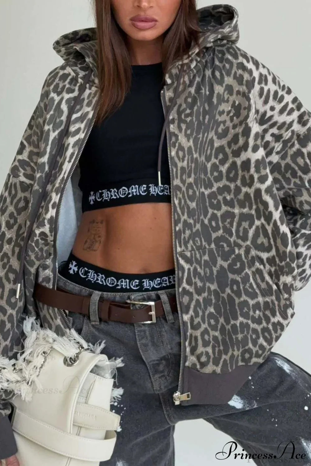 Leopard Print Zip Color-Block Hoodie