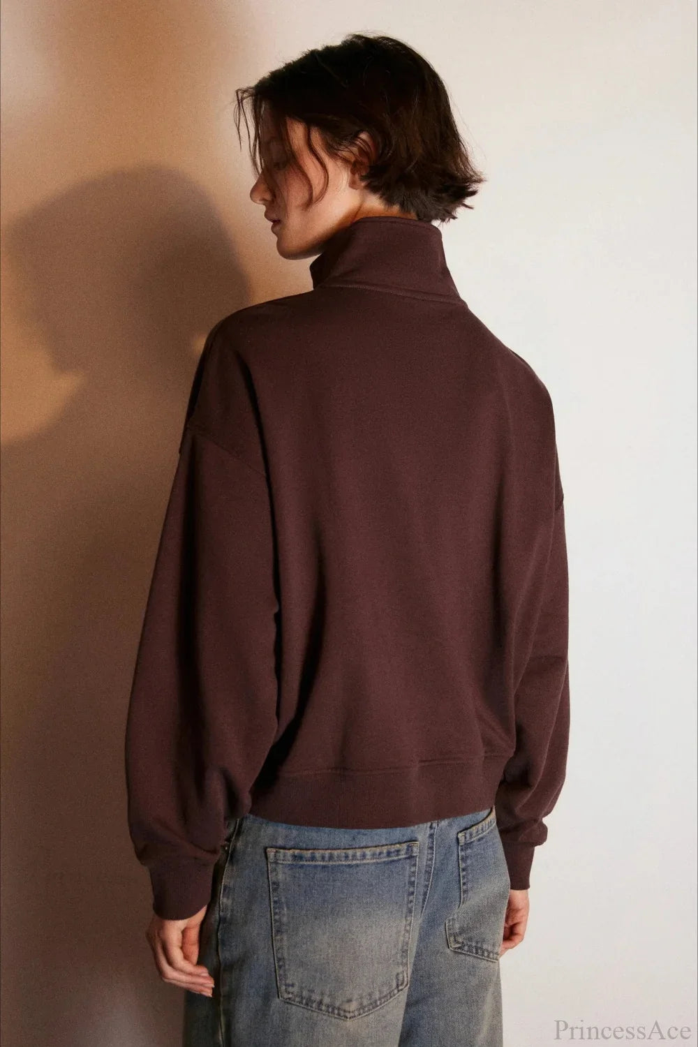 Letter Print Half Zip Stand Collar Loose Sweatshirt