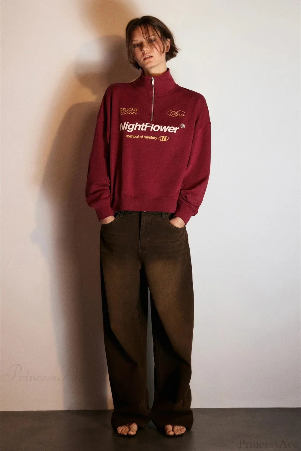 Letter Print Half Zip Stand Collar Loose Sweatshirt